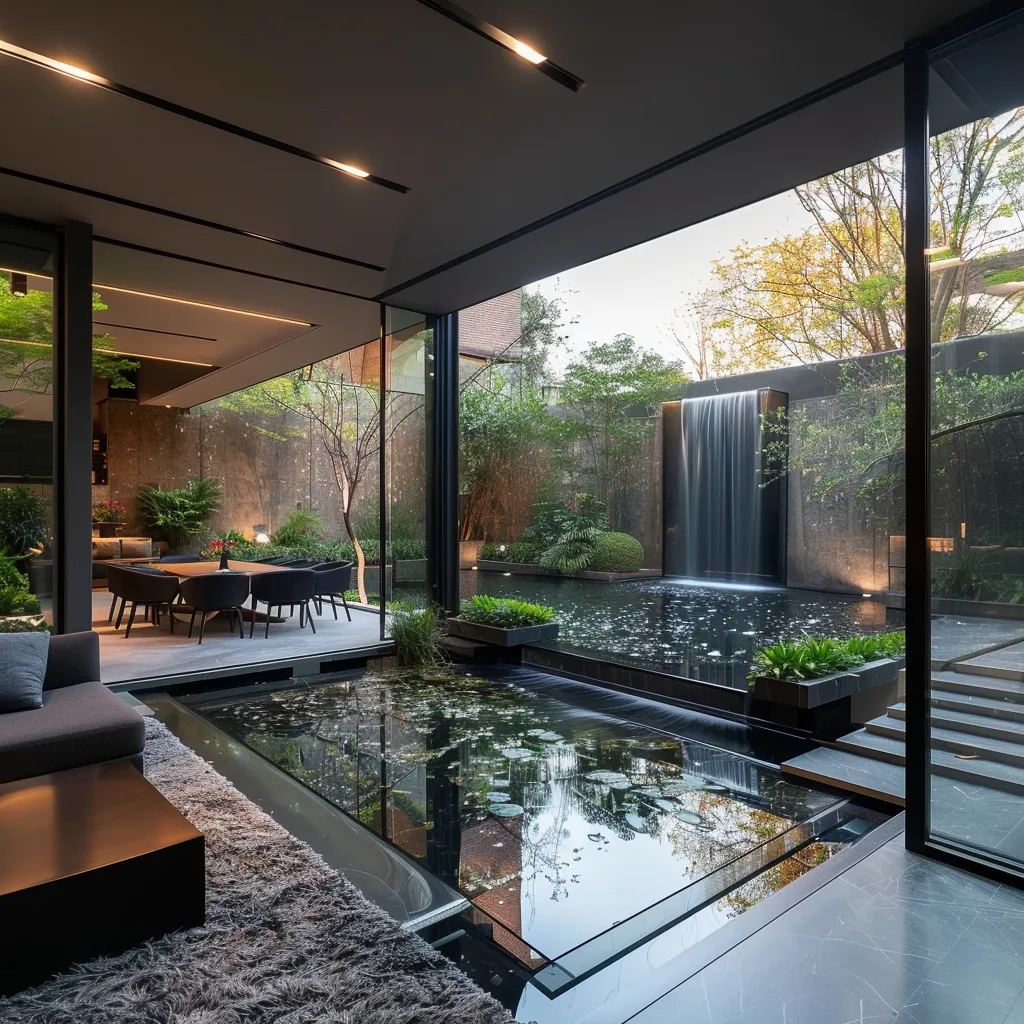 Small backyard pond with waterfall viewed through floor-to-ceiling glazing from inside a modern home