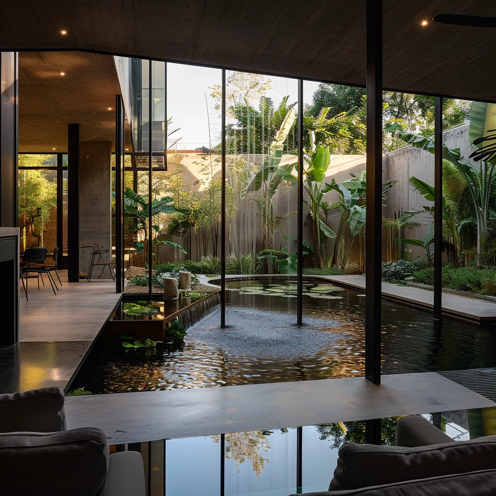 Contemporary garden geometric pond and waterfall feature seen from glass-walled house interior