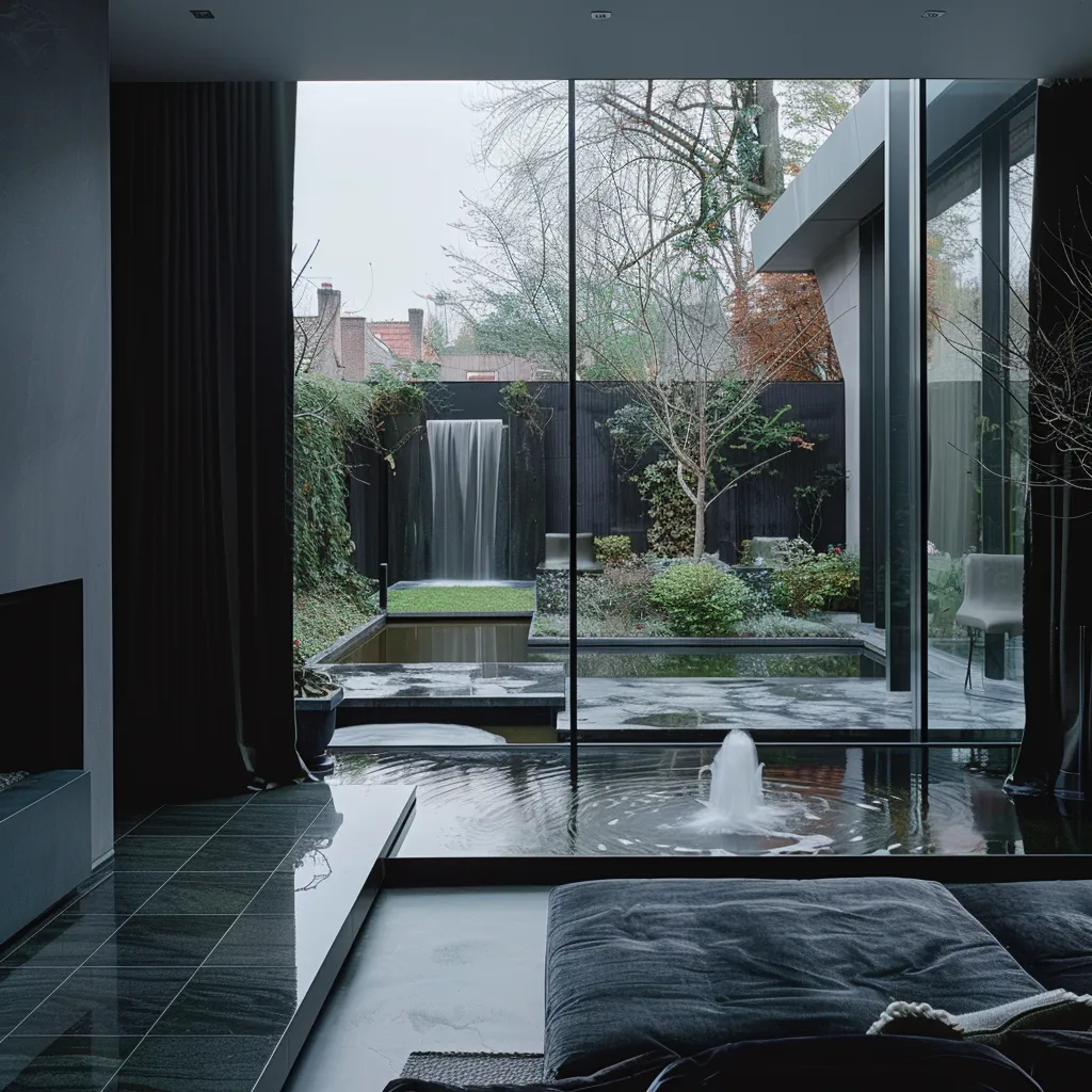 Modern garden pond design with waterfall viewed through large window from contemporary interior