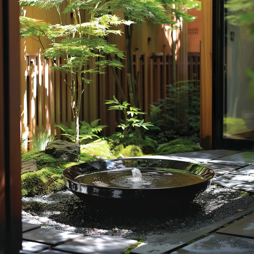 Small backyard pond ideas for modern garden with Zen circular basin bamboo water feature and Japanese maple
