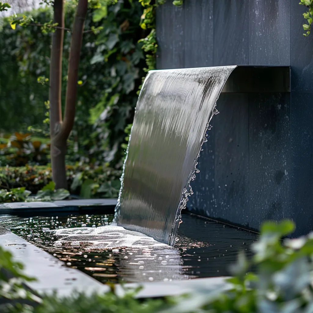 Small pond waterfall detail showing stainless steel blade spill and dark render wall in modern garden design