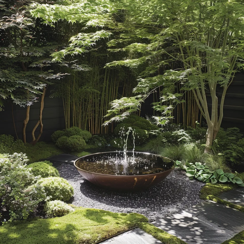 Contemporary courtyard pond with shishi-odoshi waterfall element, moss groundcover and raked gravel in a small garden