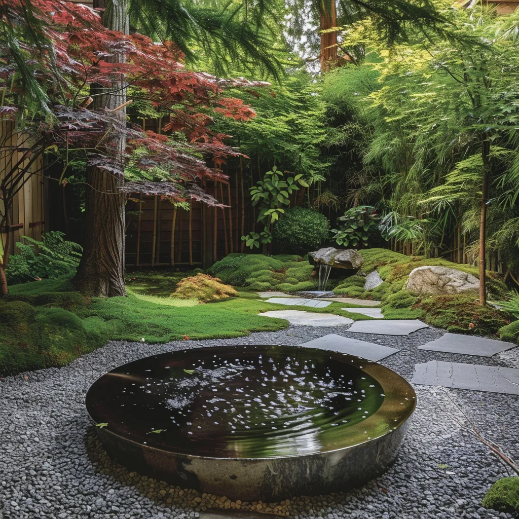 Zen garden small pond with bamboo water delivery and moss planting in a modern backyard courtyard