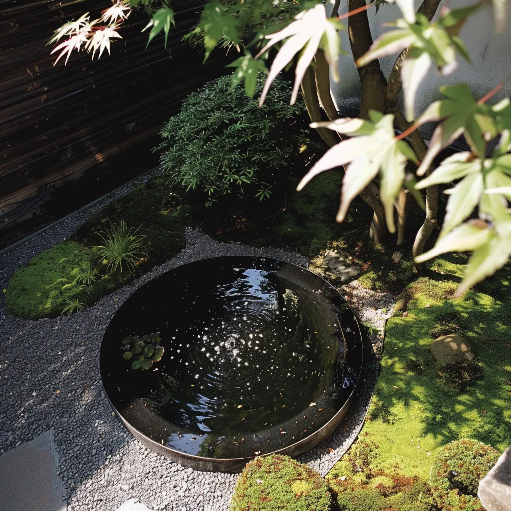 Japanese-inspired small backyard water garden with circular pond and bamboo waterfall cascade in dappled shade