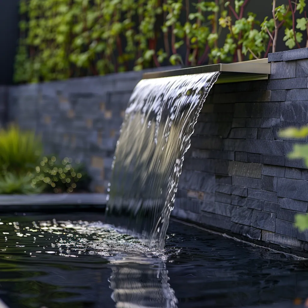 Architectural waterfall spillway for modern garden pond with steel blade and dark water reflection