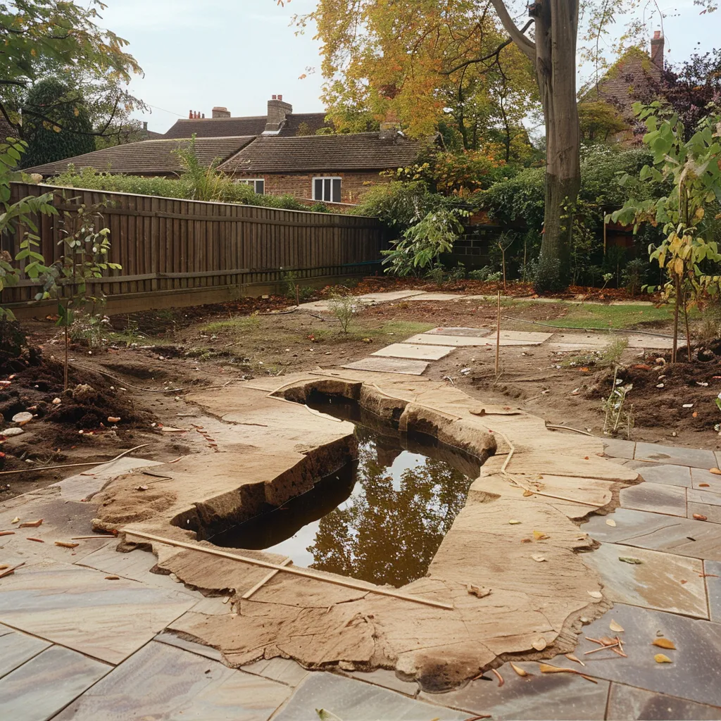 Contemporary garden pond layout planning showing excavation area in small backyard with existing borders