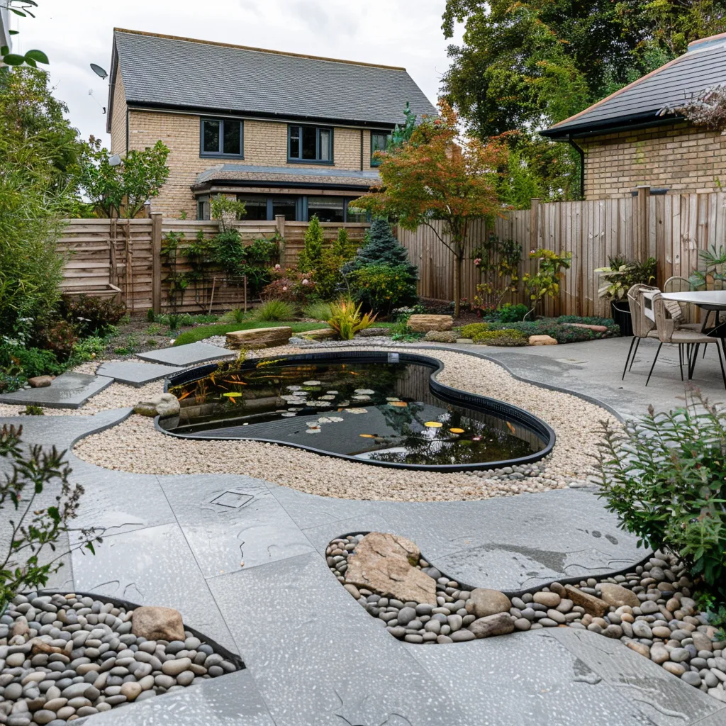 Modern backyard garden pond design planning stage with ground outline and landscape setting