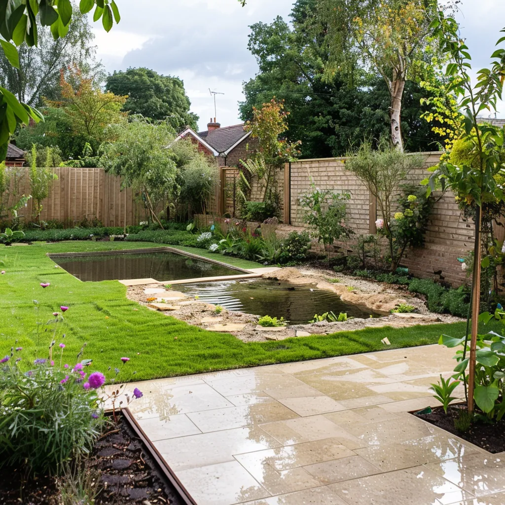 Small backyard pond site planning in a modern garden with excavated outline and surrounding paving