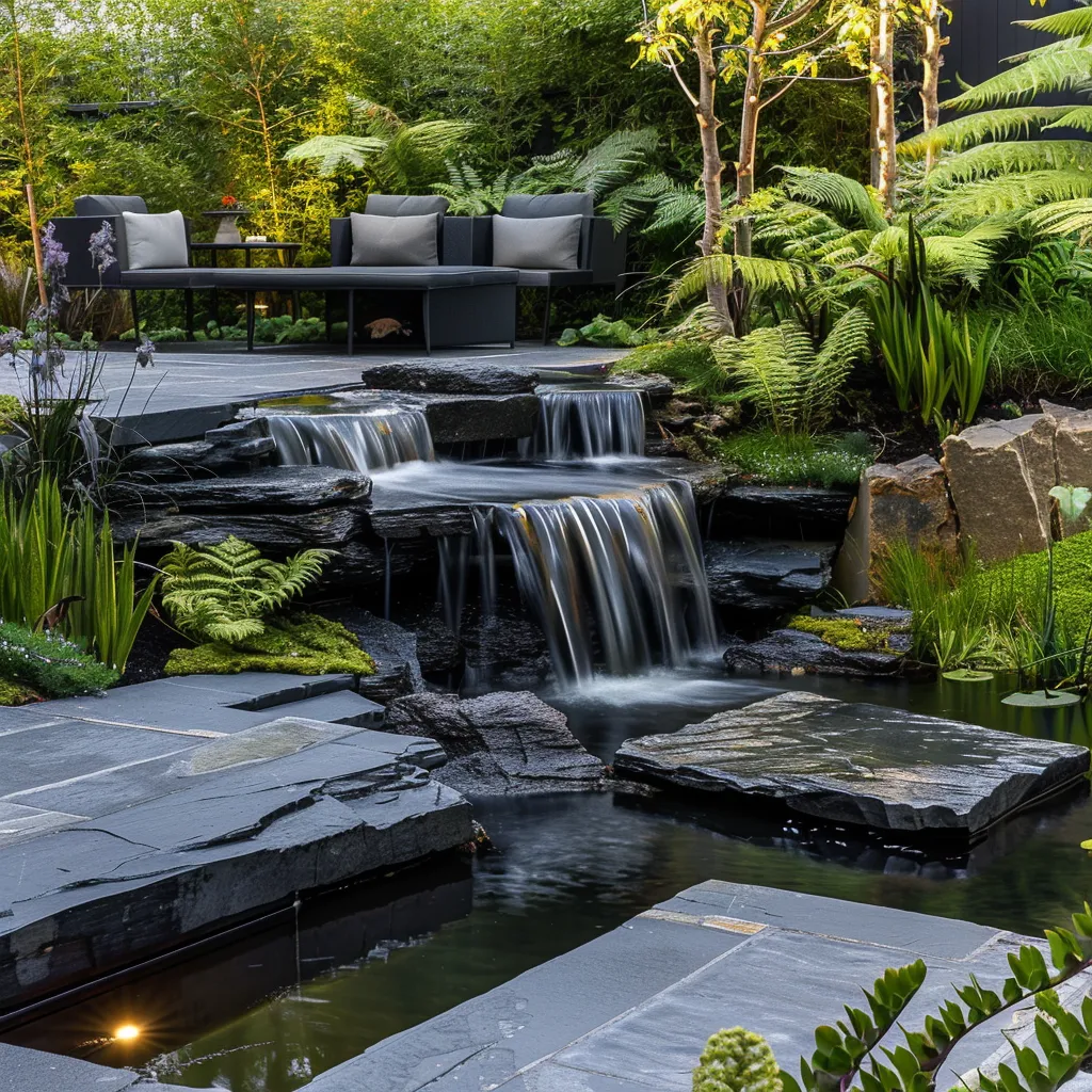 Naturalistic backyard pond with boulder cascade waterfall and dark basalt stone edging in modern garden design
