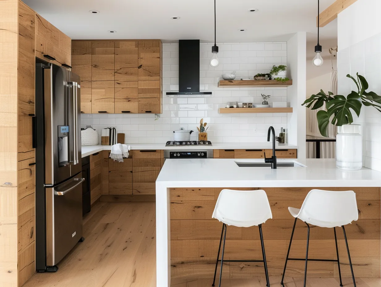 Small condo L-shaped kitchen with oak cabinets, quartz peninsula, and bar stools in open plan layout