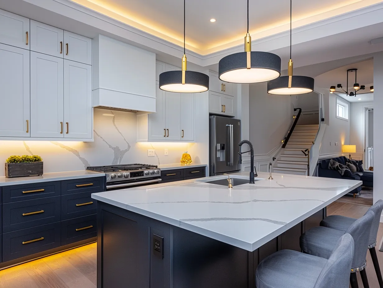 Open plan kitchen lighting ideas for condo with LED strip under cabinets, brass hardware, and peninsula pendants