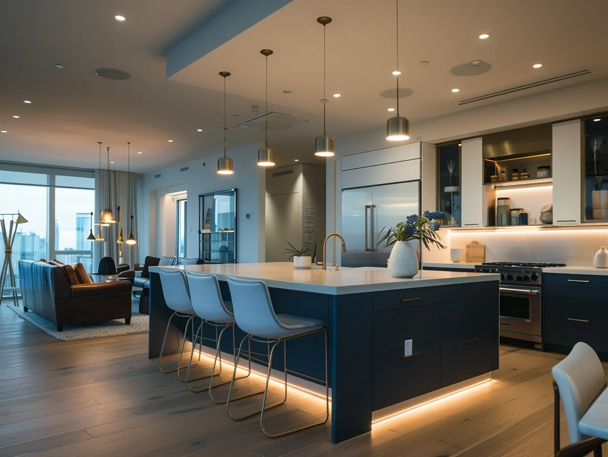 Small condo kitchen evening lighting with two-tone navy and white cabinets and warm ambient living room visible