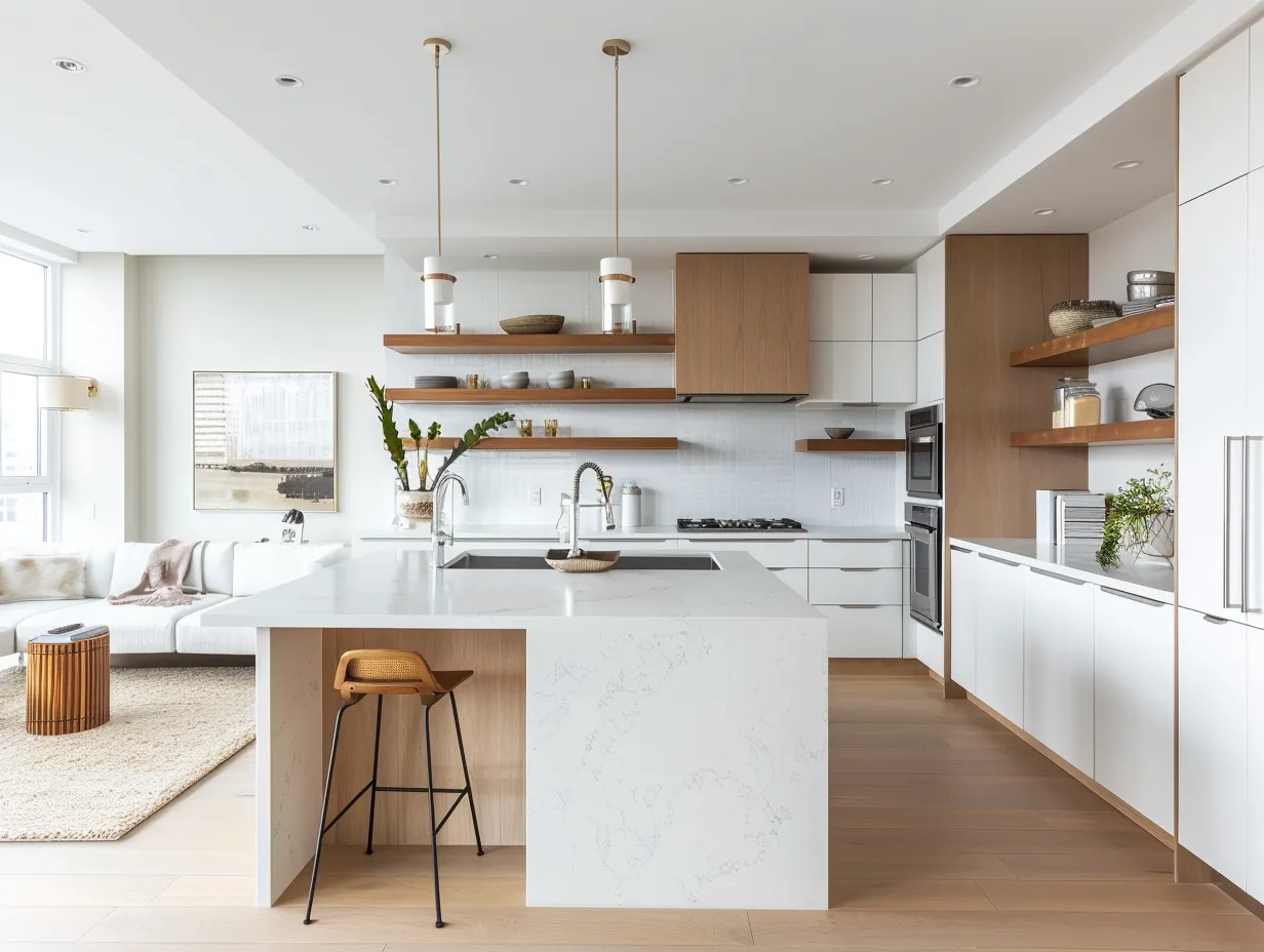 Small condo kitchen and living room open plan layout with bar stools, linen sofa, and natural light