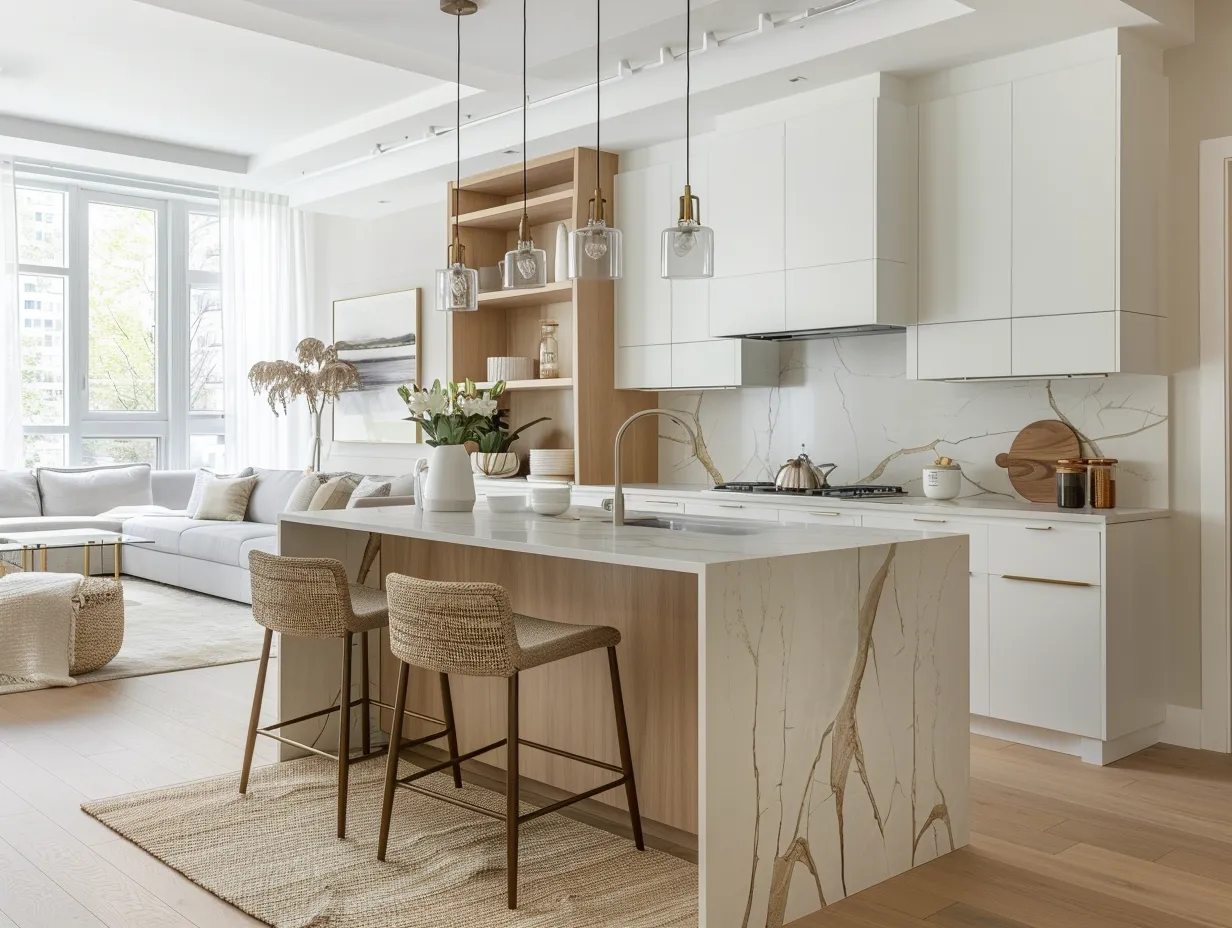 Open plan condo kitchen ideas featuring flat-panel cabinets, quartz countertop, and jute rug in living zone