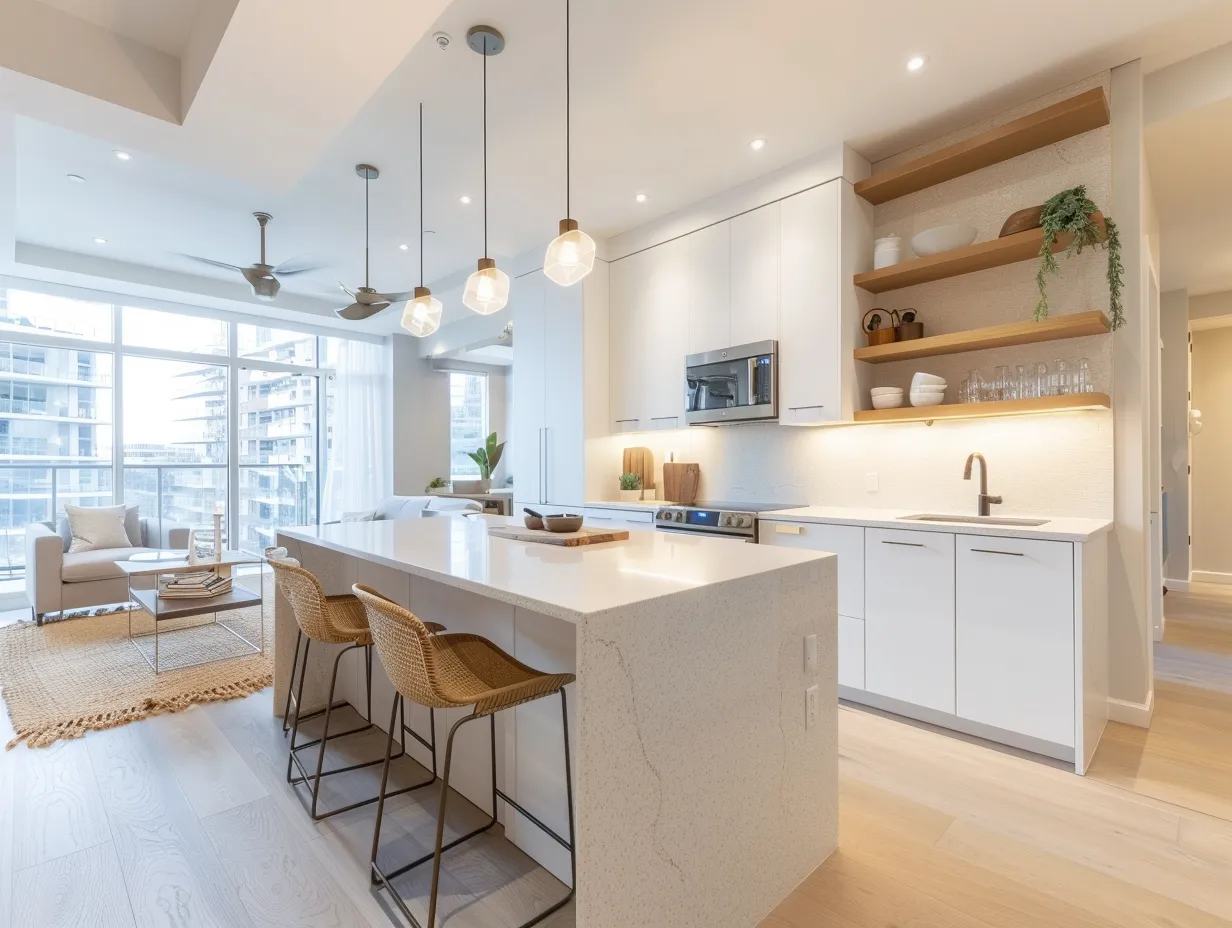 Small open plan condo kitchen with white flat-panel cabinets, quartz island, and living room visible in background