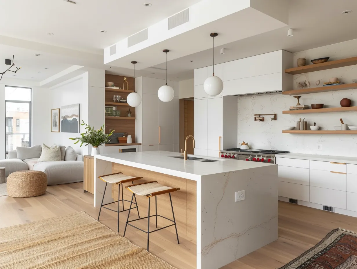 Condo kitchen open plan ideas with waterfall island, pendant lights, and warm oak floating shelves