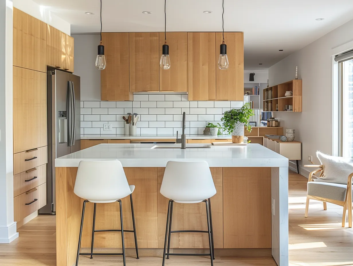 Open plan condo kitchen ideas with L-shape layout, white subway tile, and matte black hardware