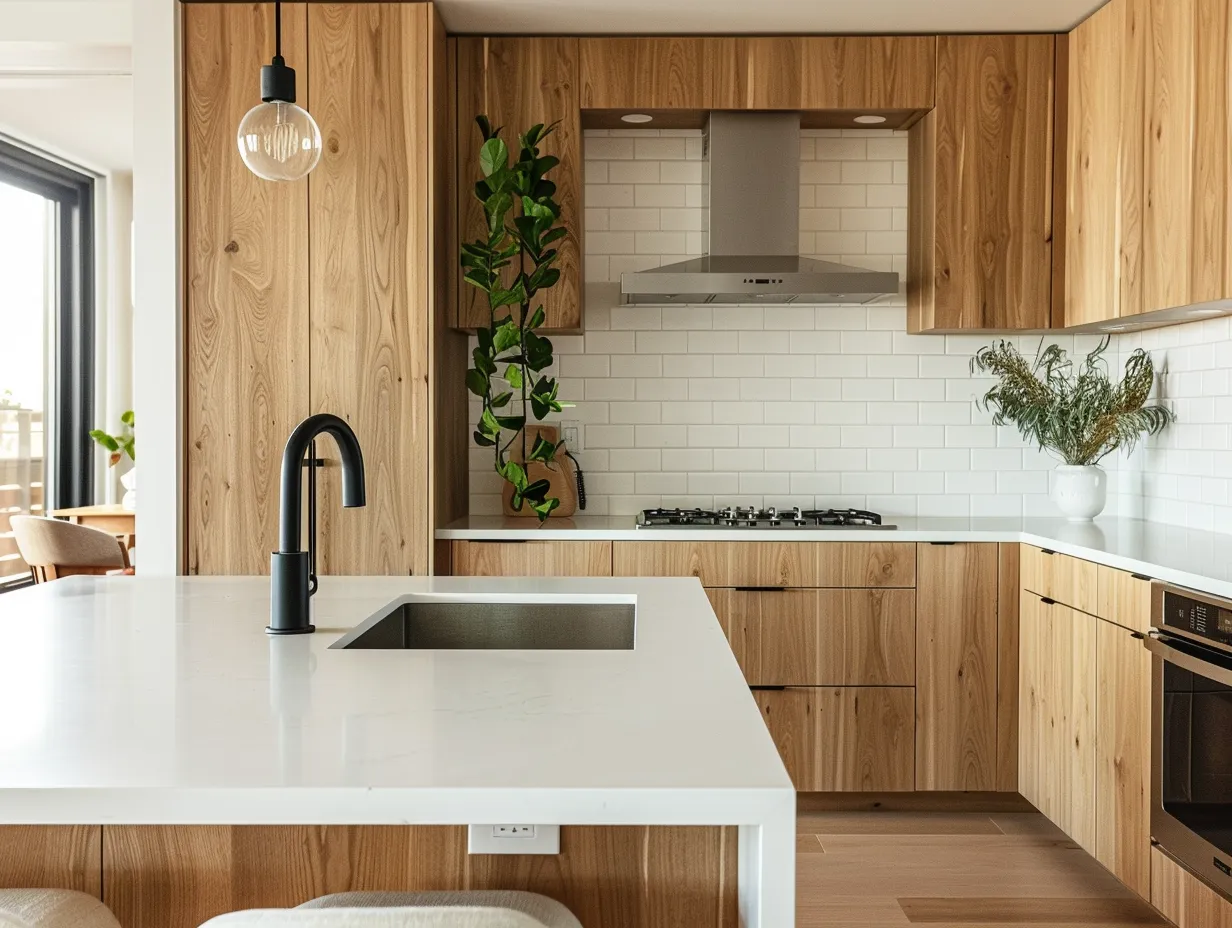 Condo kitchen peninsula design with bar seating, warm oak cabinetry, and natural afternoon light