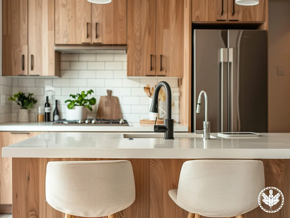 Small open plan kitchen with L-shaped layout, white quartz countertop, and indoor plant on counter