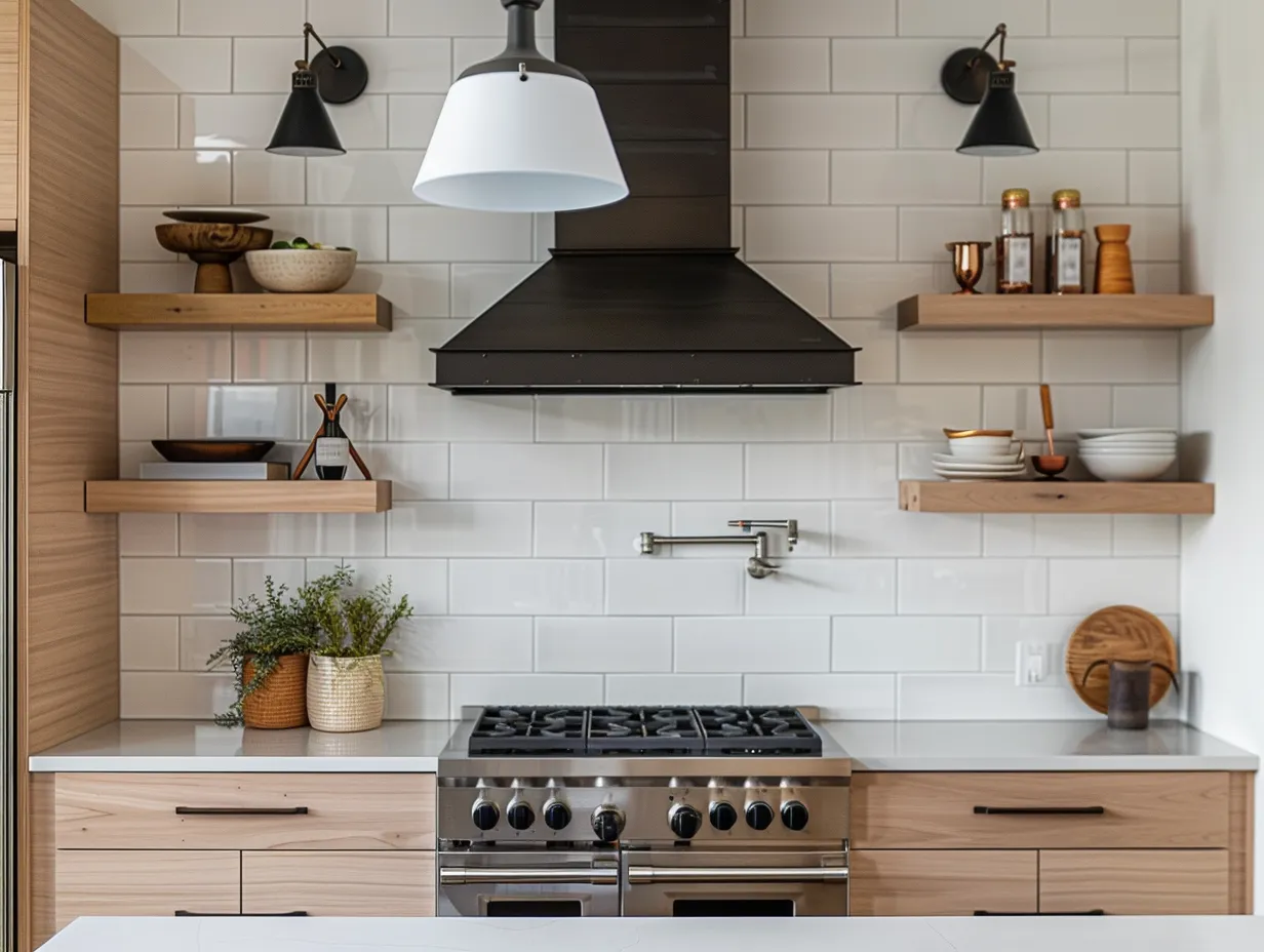 Small kitchen open plan backsplash with large white tile, floating shelves, and living room visible in background