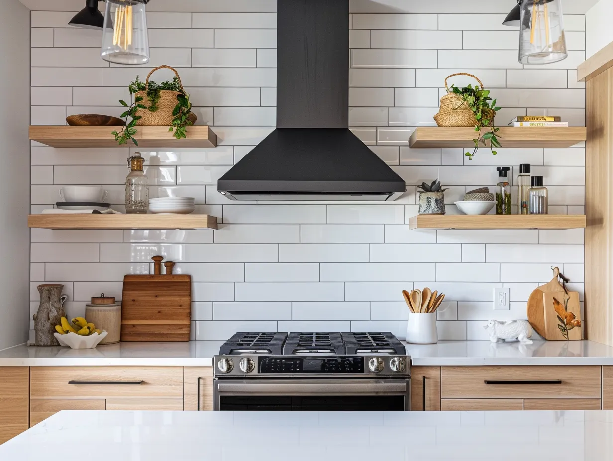 Small condo kitchen full-height subway tile backsplash with matte black range hood and oak floating shelves