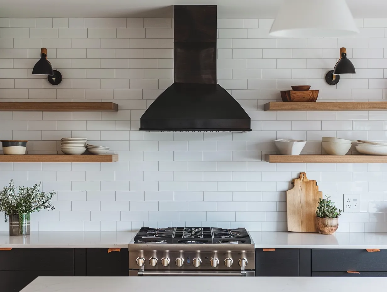 Open plan condo kitchen backsplash ideas with large-format white tile, quartz counter, and pendant light