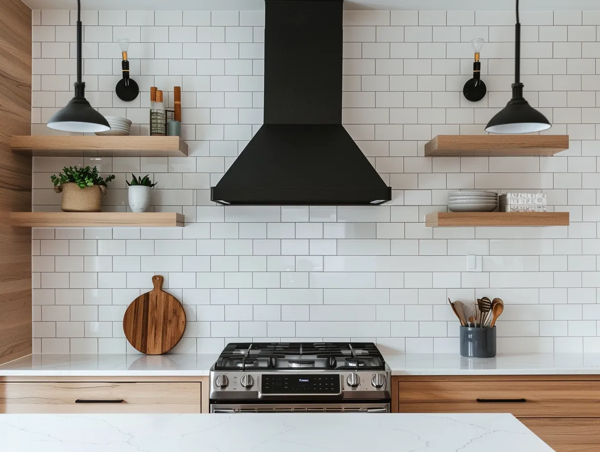 Condo kitchen design with floor-to-ceiling white tile, black hood, and warm oak shelving in open plan space