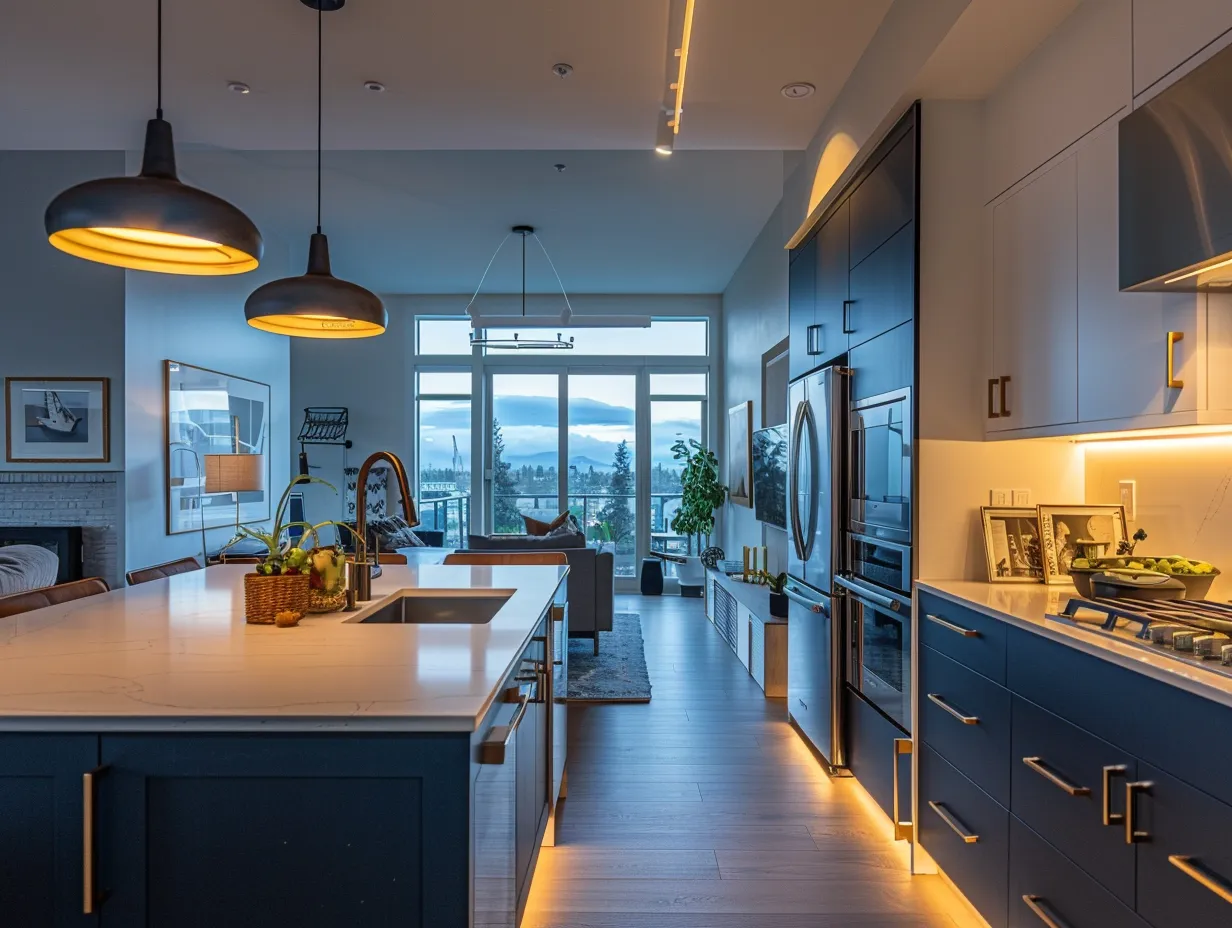 Small open plan condo kitchen at evening with under-cabinet lighting, pendant lights, and navy lower cabinets
