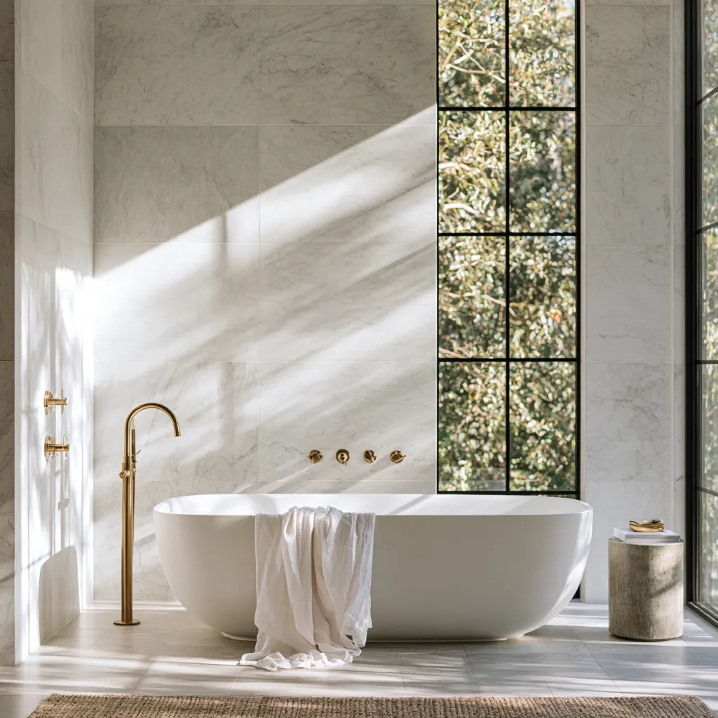 Stone surface bathroom interior architecture with freestanding tub and tall window