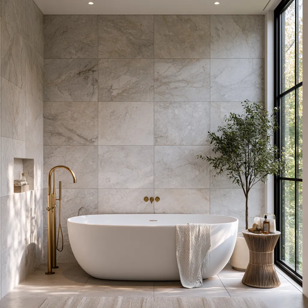 Stone design ideas for bathroom walls with warm brass accent fixtures