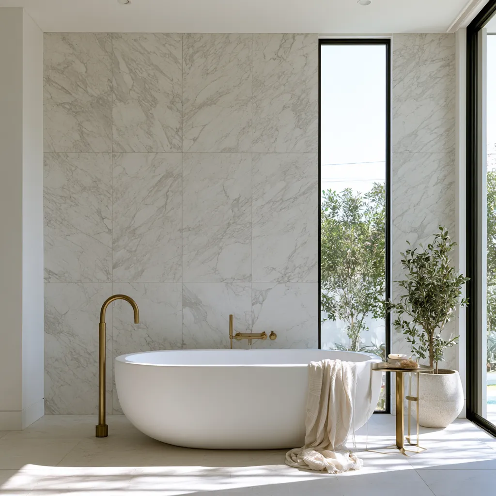 Stone wall tiles in luxury bathroom interior with brass fixtures and natural light