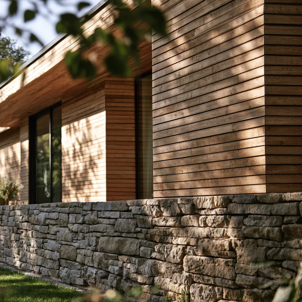 Modern stone and wood house exterior with horizontal timber panels above stone base