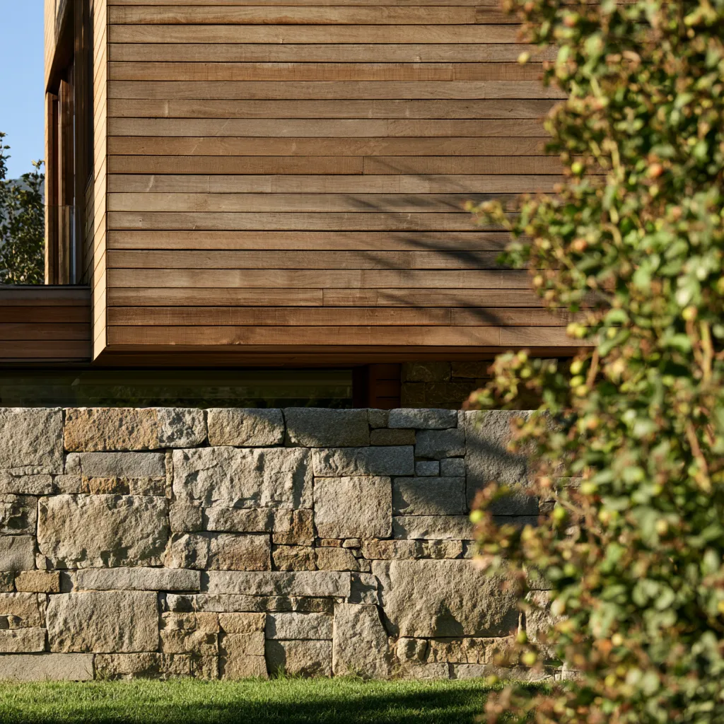 Mixed material facade combining natural stone cladding with wood siding