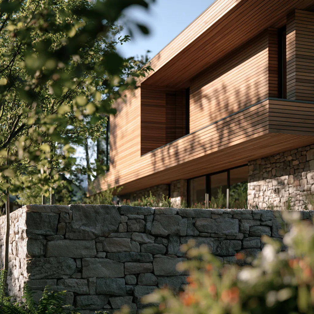 Stone and timber house exterior afternoon sun sharp shadow detail