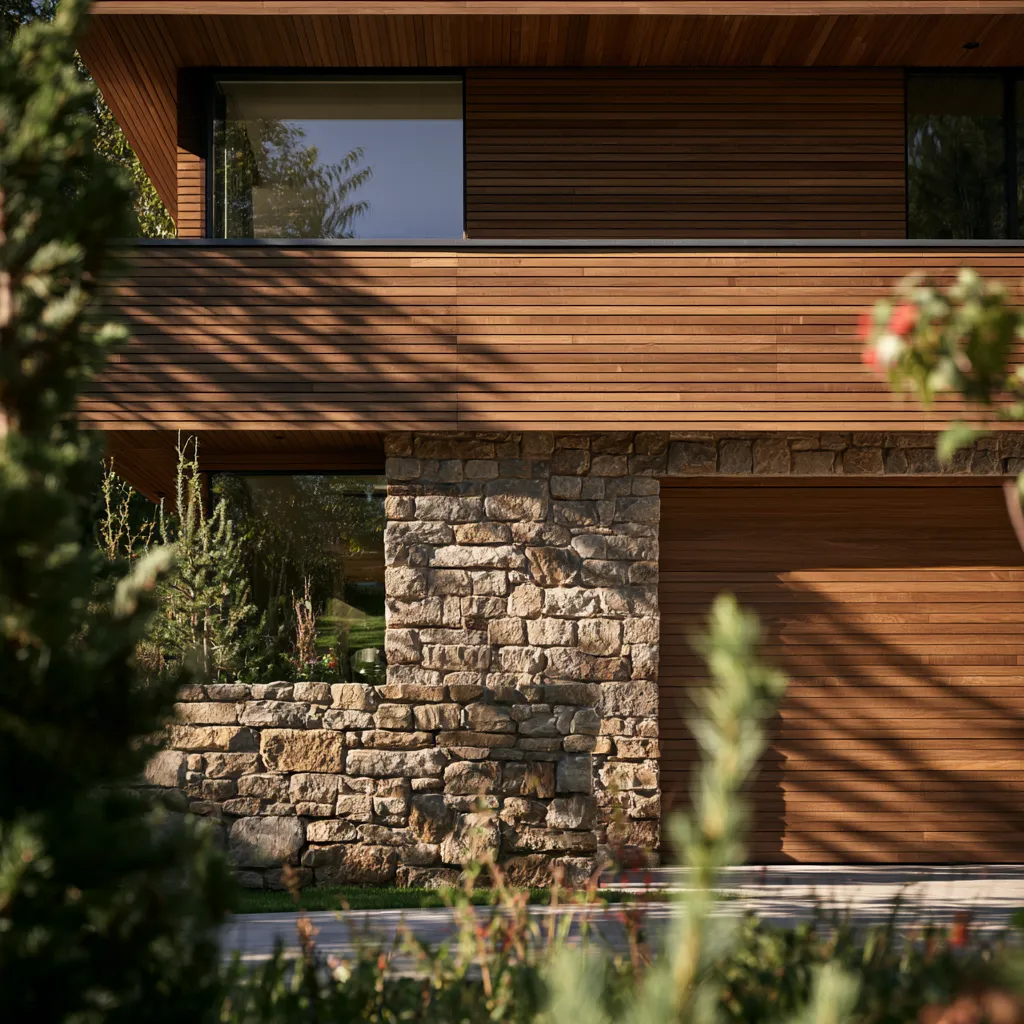 Contemporary stone exterior design blending with warm wood accents