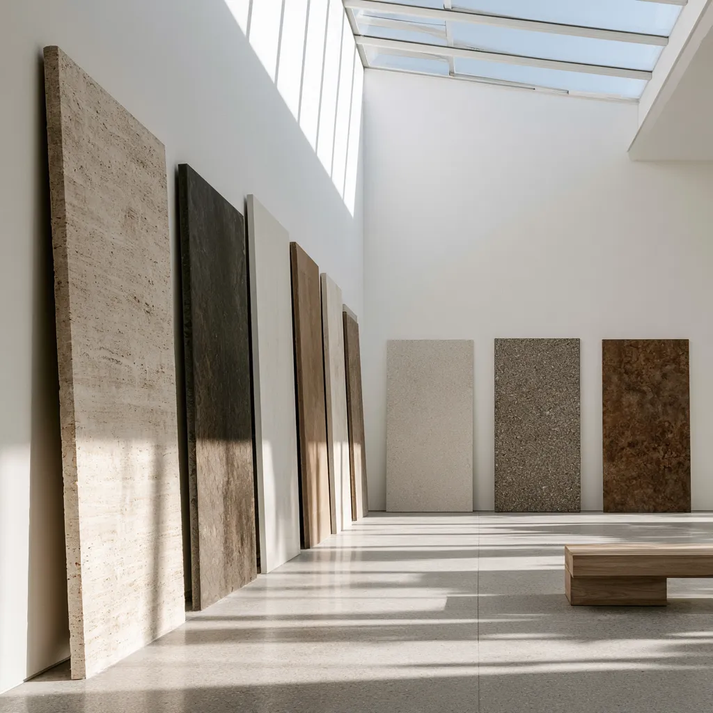 Stone material samples showroom travertine basalt limestone slabs natural daylight