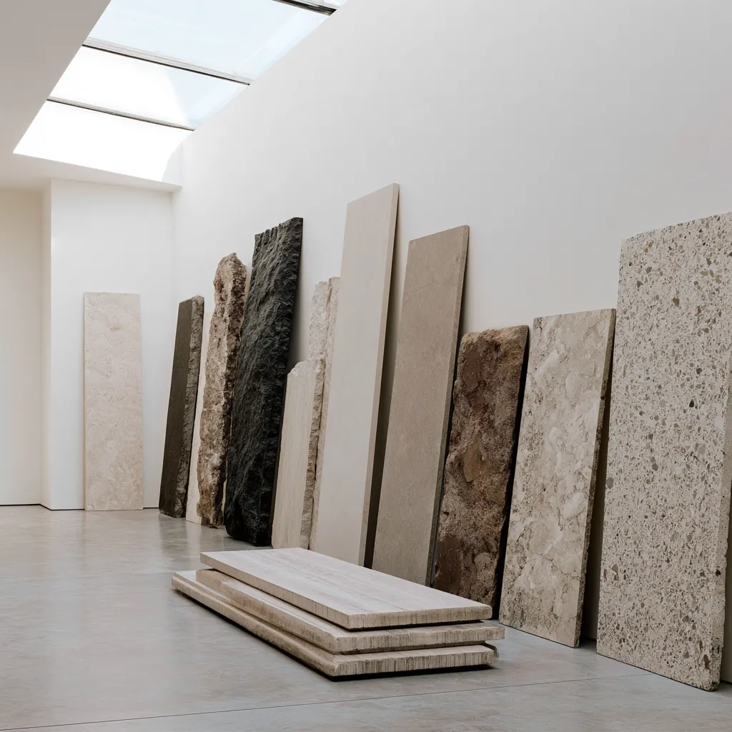 Stone surface selection showroom with terrazzo and limestone panels white wall