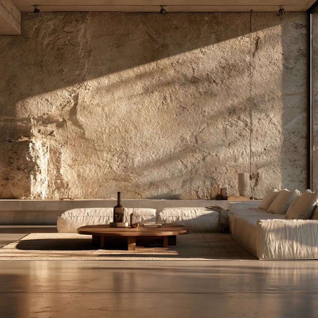 Stone in home interior design full-height wall panel warm editorial light