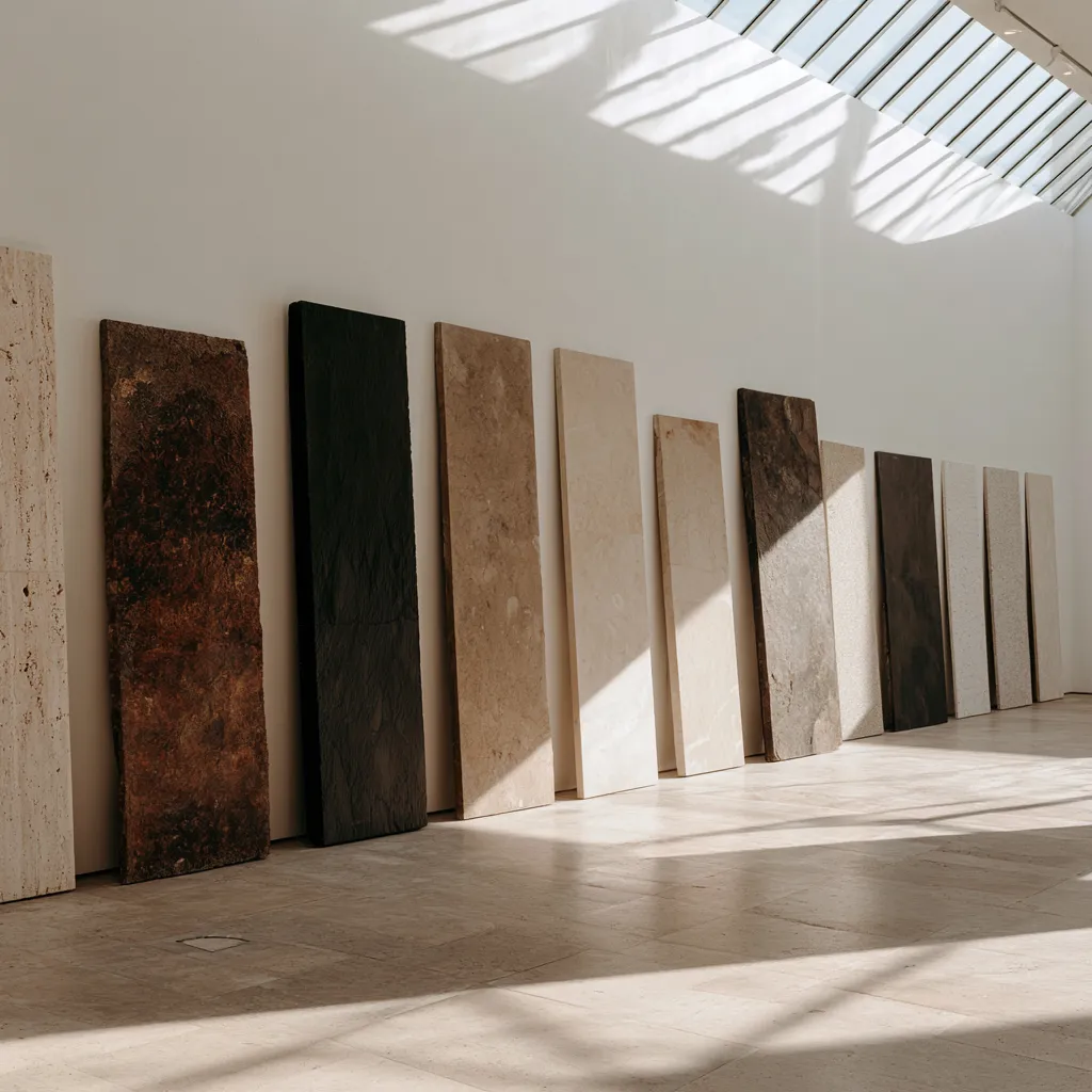 Architectural stone types comparison slab display in minimalist showroom