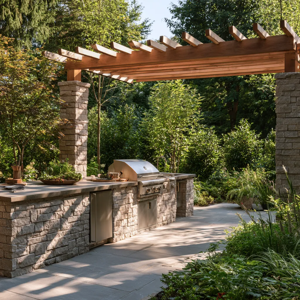 Stone in outdoor design BBQ area patio with garden surroundings