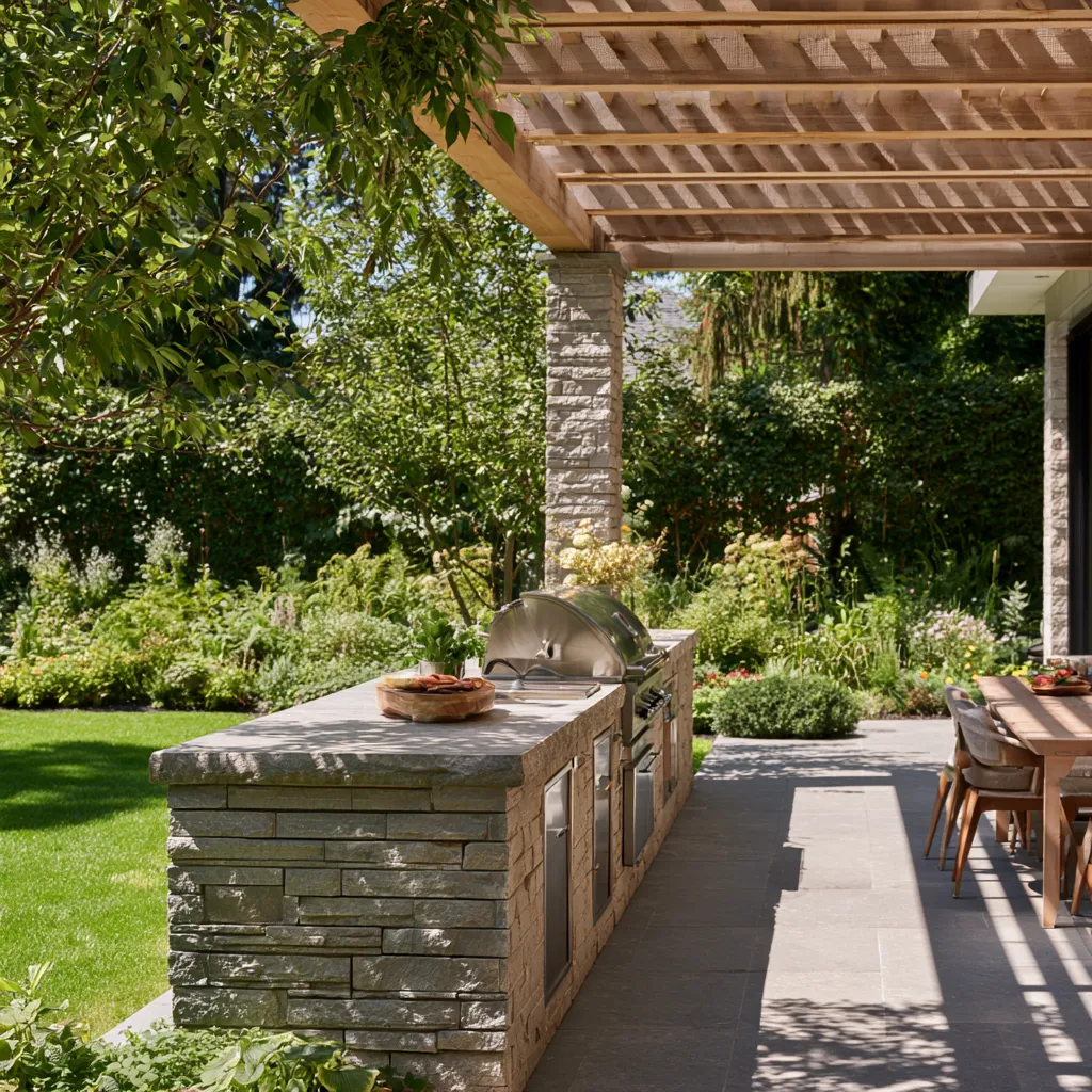 Outdoor stone kitchen island and BBQ modern patio design architecture