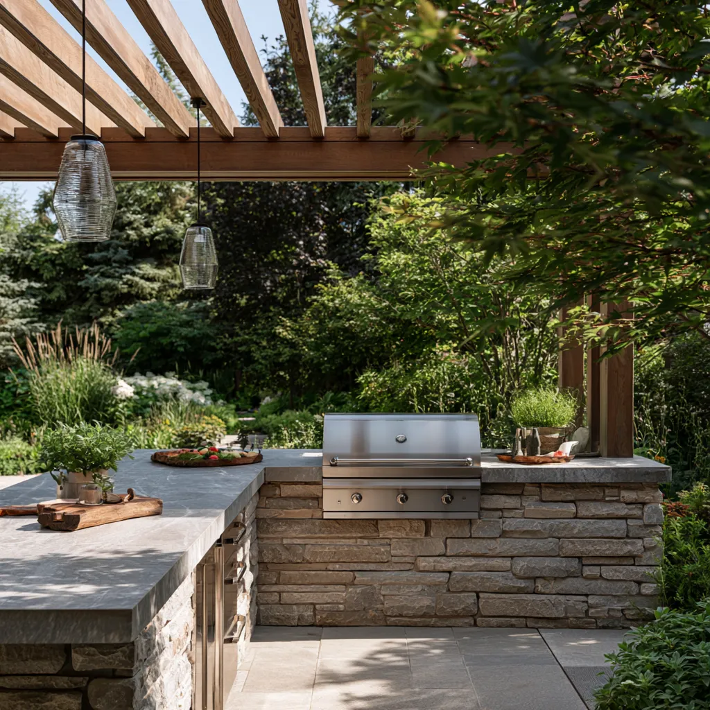 Stone outdoor kitchen with built-in BBQ grill on modern patio editorial photo