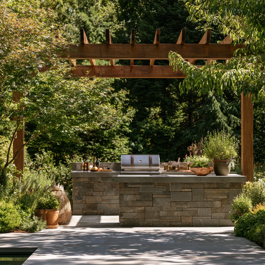 Natural stone countertop outdoor kitchen and grill area with wooden pergola