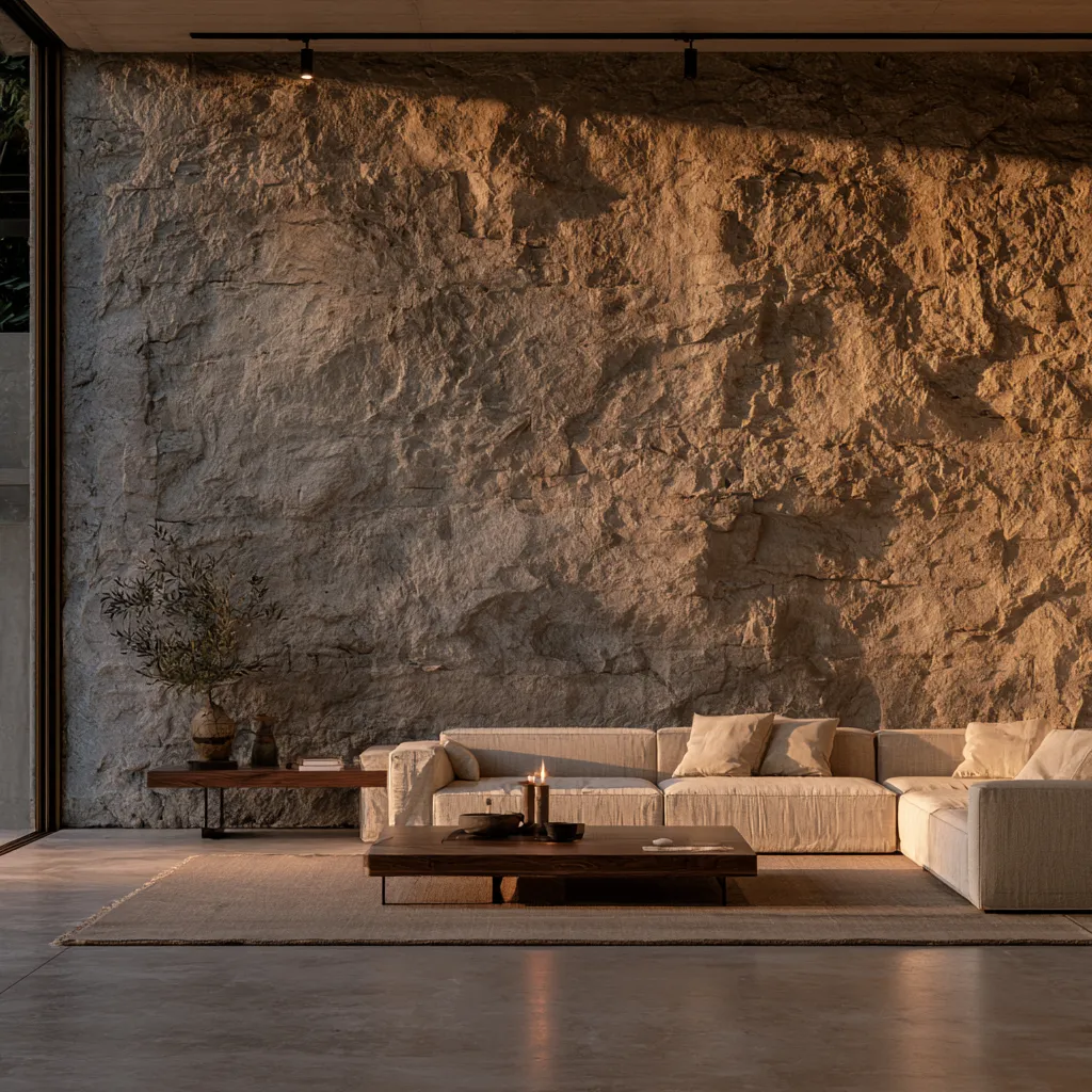 Natural stone accent wall in contemporary living room with low-angle grazing light