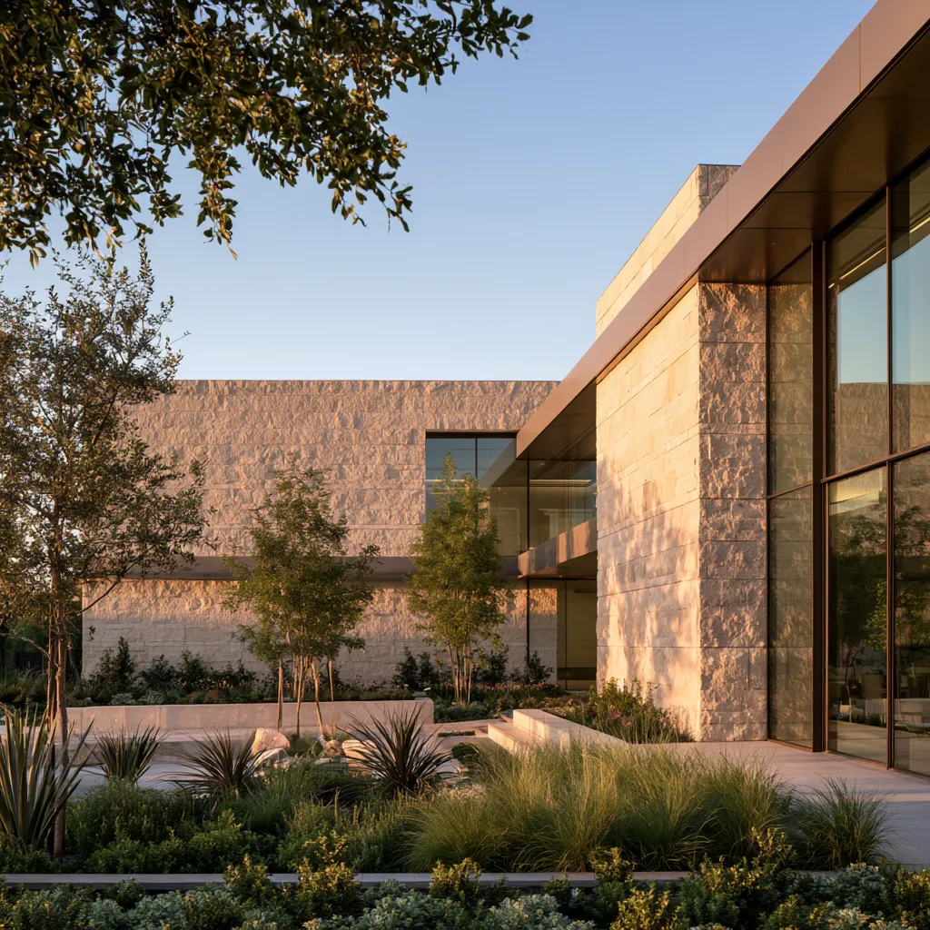 Stone in architecture exterior facade with limestone panels and glass at golden hour