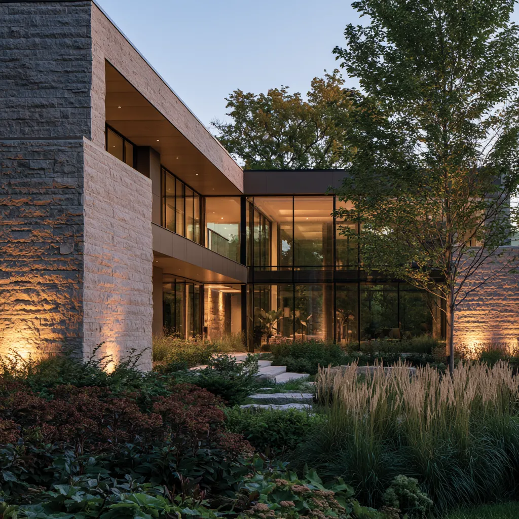 Natural stone house exterior design with clean modern lines and landscaping