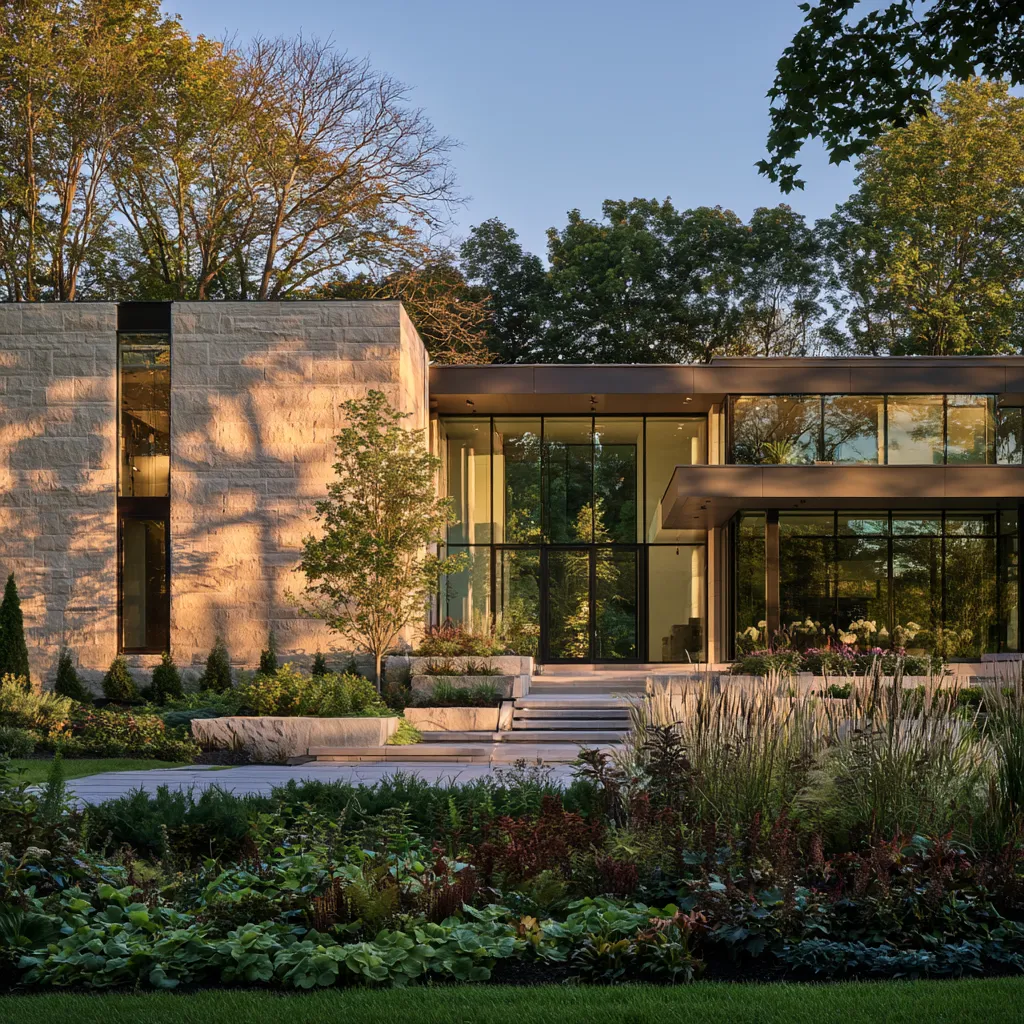 Modern stone and glass house exterior in warm evening light