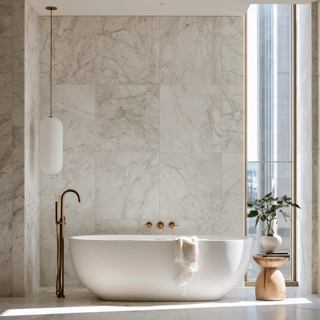 Natural stone in bathroom design floor-to-ceiling marble wall editorial photo