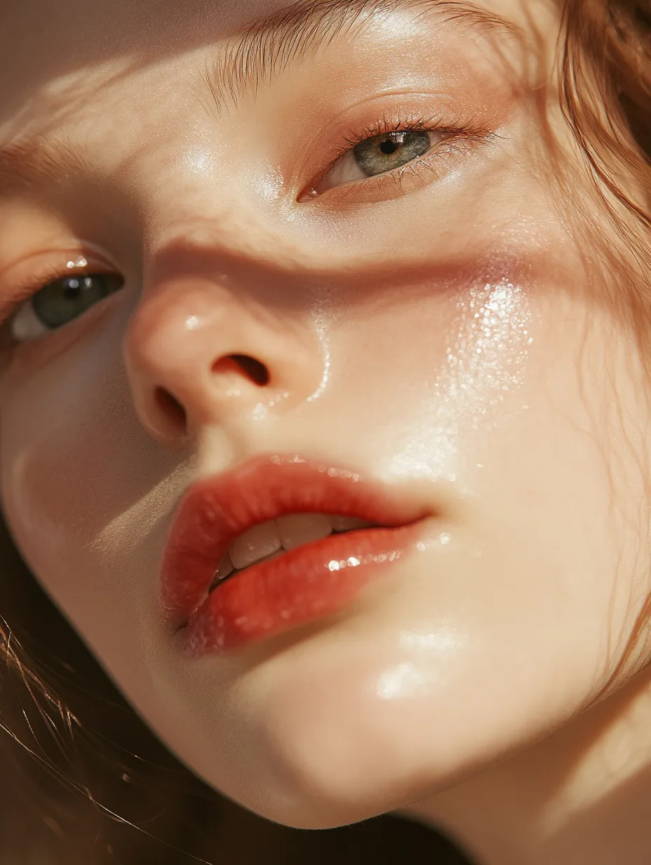 Editorial crop of strawberry girl makeup 2026 showing the glossy bitten lip and warm blush result step by step