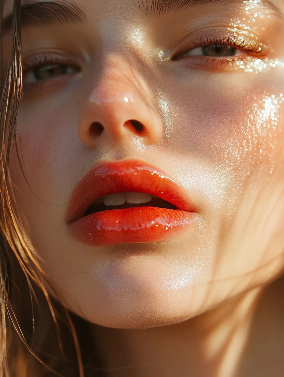 Beauty detail portrait of the lip and cheek result from the 2026 strawberry girl makeup look done step by step
